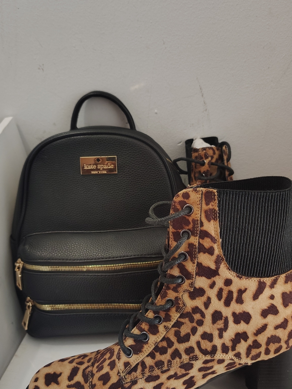 Kate Spade Black Leather Mini Backpack with Gold Hardware And Leopard Print Boot